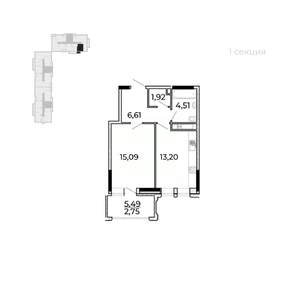 1-к квартира, строящийся дом, 47м2, 2/17 этаж