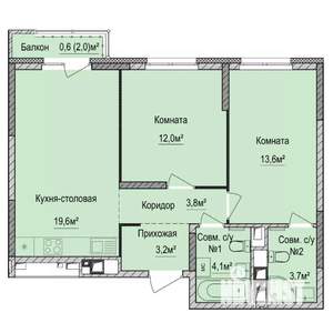 2-к квартира, строящийся дом, 61м2, 3/17 этаж