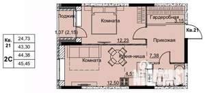 2-к квартира, строящийся дом, 44м2, 2/17 этаж