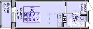 Студия квартира, строящийся дом, 28м2, 15/17 этаж