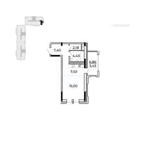 Студия квартира, строящийся дом, 43м2, 6/17 этаж