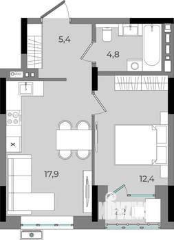 1-к квартира, вторичка, 43м2, 3/16 этаж