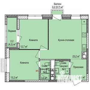 2-к квартира, строящийся дом, 64м2, 13/17 этаж