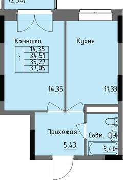 1-к квартира, строящийся дом, 35м2, 4/17 этаж