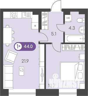 1-к квартира, строящийся дом, 44м2, 2/9 этаж