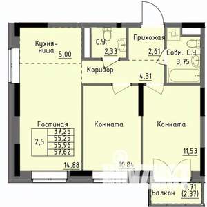 2-к квартира, строящийся дом, 56м2, 16/17 этаж