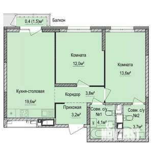 2-к квартира, строящийся дом, 60м2, 9/17 этаж
