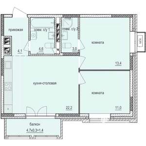 2-к квартира, строящийся дом, 60м2, 4/14 этаж