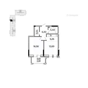 1-к квартира, строящийся дом, 54м2, 2/17 этаж