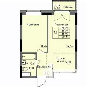 1-к квартира, строящийся дом, 39м2, 12/17 этаж