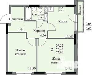 2-к квартира, строящийся дом, 54м2, 9/17 этаж