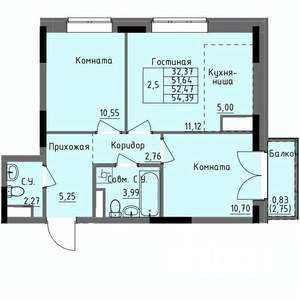 2-к квартира, строящийся дом, 52м2, 16/17 этаж