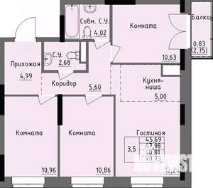 3-к квартира, строящийся дом, 69м2, 7/17 этаж