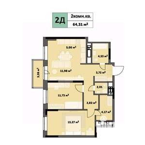 2-к квартира, строящийся дом, 64м2, 23/26 этаж