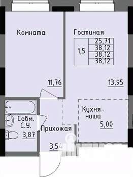1-к квартира, строящийся дом, 38м2, 1/17 этаж