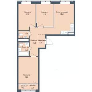 3-к квартира, строящийся дом, 74м2, 5/14 этаж