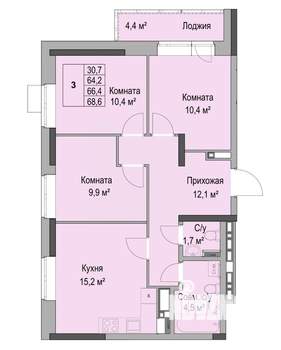 3-к квартира, вторичка, 66м2, 12/17 этаж
