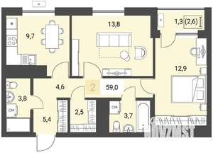 2-к квартира, строящийся дом, 59м2, 13/16 этаж