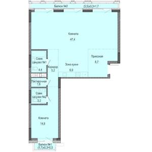 2-к квартира, строящийся дом, 95м2, 2/8 этаж