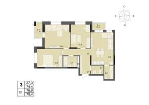 3-к квартира, строящийся дом, 77м2, 9/17 этаж