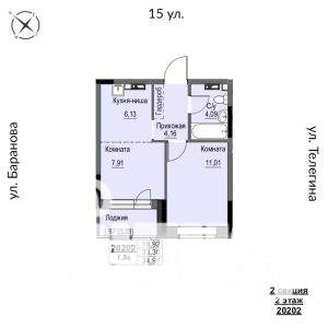 2-к квартира, строящийся дом, 35м2, 2/17 этаж