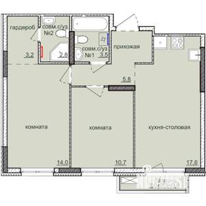 2-к квартира, строящийся дом, 58м2, 2/17 этаж