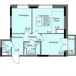 2-к квартира, строящийся дом, 52м2, 15/17 этаж