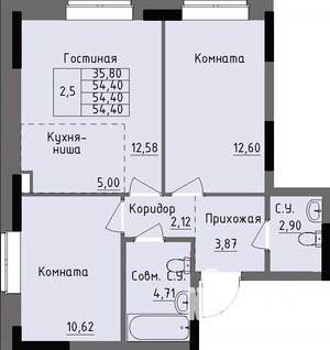 2-к квартира, строящийся дом, 54м2, 1/17 этаж