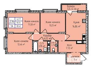 3-к квартира, строящийся дом, 85м2, 16/17 этаж
