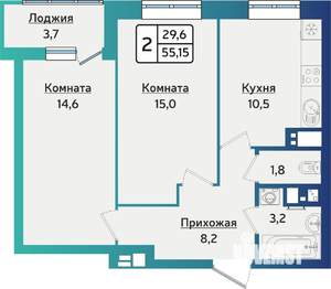 2-к квартира, строящийся дом, 55м2, 1/16 этаж