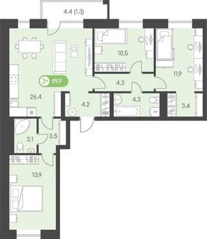 3-к квартира, строящийся дом, 90м2, 7/9 этаж