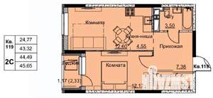 2-к квартира, строящийся дом, 44м2, 11/17 этаж