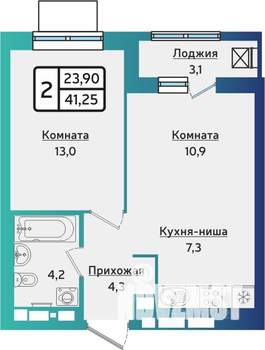 2-к квартира, строящийся дом, 42м2, 9/17 этаж