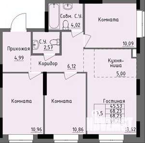 3-к квартира, строящийся дом, 68м2, 1/17 этаж