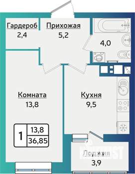 1-к квартира, строящийся дом, 37м2, 9/16 этаж