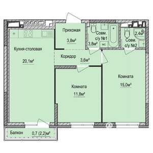 2-к квартира, строящийся дом, 61м2, 17/17 этаж