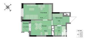 1-к квартира, вторичка, 35м2, 6/17 этаж