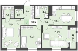 3-к квартира, строящийся дом, 81м2, 1/16 этаж