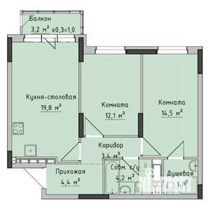 2-к квартира, строящийся дом, 62м2, 14/17 этаж