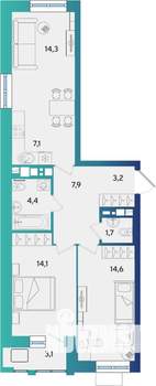 3-к квартира, строящийся дом, 69м2, 15/16 этаж