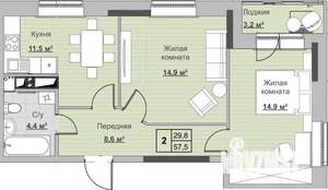 2-к квартира, строящийся дом, 57м2, 16/18 этаж