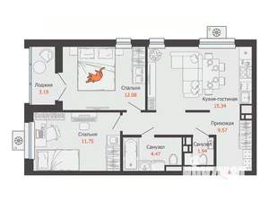 2-к квартира, строящийся дом, 57м2, 8/16 этаж
