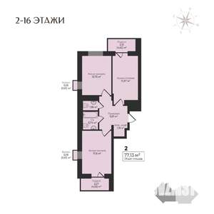 2-к квартира, строящийся дом, 77м2, 12/17 этаж
