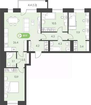3-к квартира, строящийся дом, 90м2, 4/9 этаж
