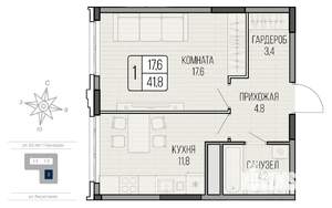 1-к квартира, вторичка, 42м2, 9/16 этаж