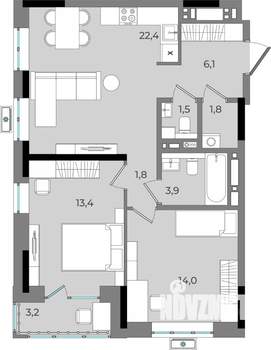 2-к квартира, вторичка, 68м2, 13/16 этаж