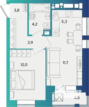 2-к квартира, строящийся дом, 41м2, 12/17 этаж