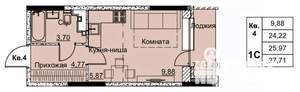 1-к квартира, строящийся дом, 26м2, 1/17 этаж