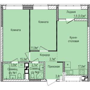 2-к квартира, строящийся дом, 59м2, 15/17 этаж