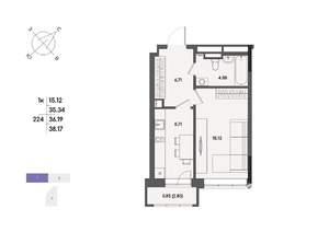 1-к квартира, строящийся дом, 36м2, 16/17 этаж